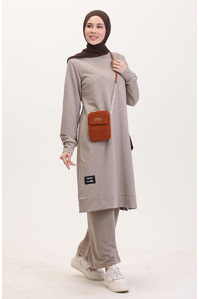 sefamerve Beige Sports Tunic and Pants Set - 0293-04 Split Detail, Two Thread