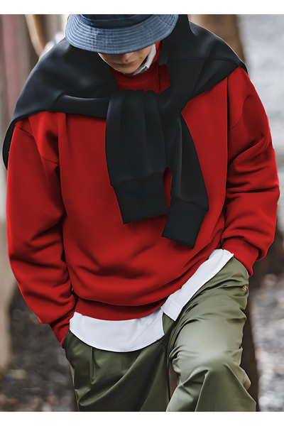 YAKAMEL Men's Oversize Cotton Raised Crew Neck Sweater