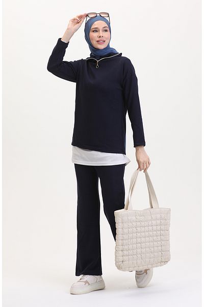 sefamerve Marineblaues Tunika- und Hosen-Set mit Reißverschluss – 1058-03