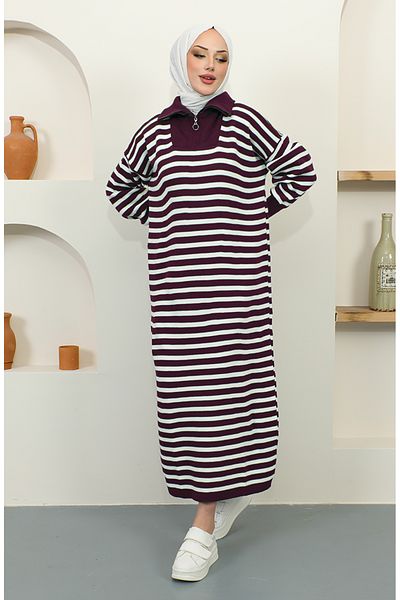 sefamerve Burgunderfarbenes, gestreiftes Strickkleid mit Reißverschluss – 11027-07