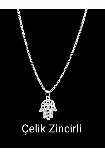 whocares Unisex Kararmaz Çelik Zincirli Küçük Hamsa Sembollü Kaliteli Gümüş Renk