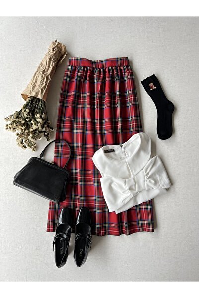 KÜÇÜĞÜM BUTİK Kırmızı Ekose Uzun Belden Büzgülü Etek