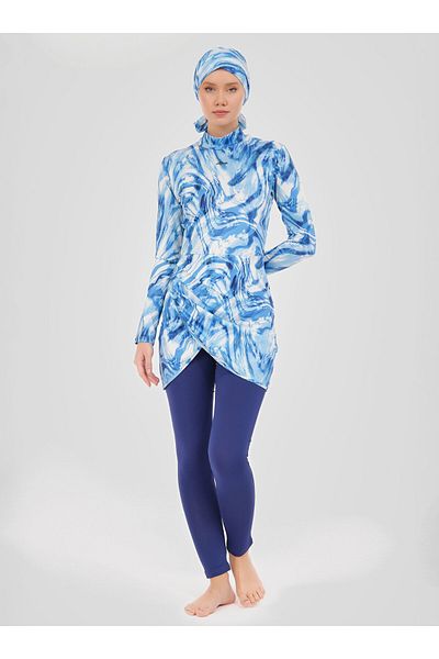 ALFASA Patterned Wrap Skirt Detailed Hijab Swimsuit - Dark Indigo -