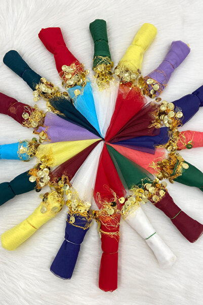 ZEYMERADE Karışık Renk Gold Pullu Tül Halay El Mendili 5 Adet, Gelin Damat Düğün Kına Sünnet Söz Nişan Bride