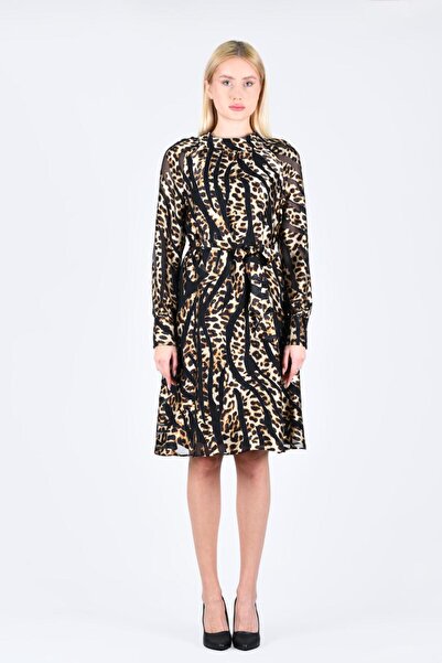 la luce Gold Leopar Desenli Tül Detaylı Elbise - QE322