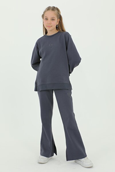 Black One Cotton 2-Piece Top and Bottom Girl's Tracksuit Set with Crew Neck Slit and Spanish Leg Print Detail