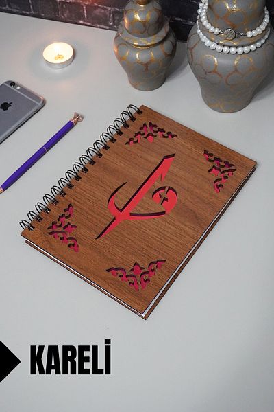 markcat Elif Vav Patterned Checked Wooden Cover Notebook - Agenda and School Notebook (A5 - 120 Sheets)