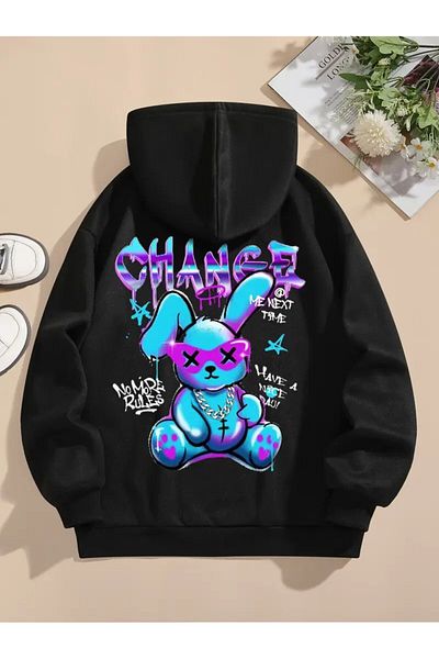 LAND MODA Unisex Μαύρο φούτερ με κουκούλα Rabbit print