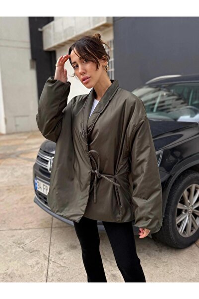 Maldia Shop Γυναικείο διπλό κορδόνι κιμονό που παχύρρευστο χακί μπουφάν