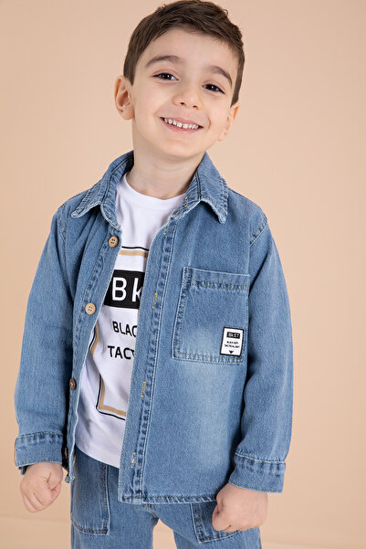 Cansın Mini Jachetă de jeans cu nasturi albastru și pantaloni pentru băiat, set 3 piese 20011