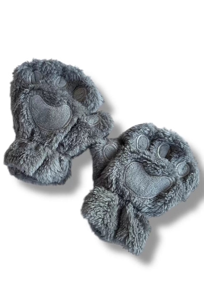CAŞ DEKORASYON Gray Color Paw Figured Plush Children's Gloves