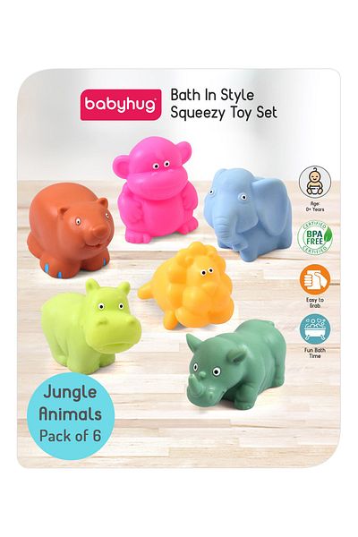 Babyhug Babyhug Jungle Animals Bath Squeeze Toys for Infants 0-24 Months- Pack of 6