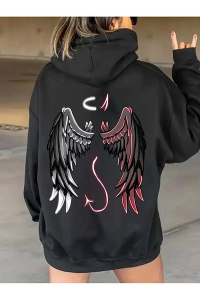 LAND MODA Unisex Black Hooded Wing Drawings Printed Sweatshirt