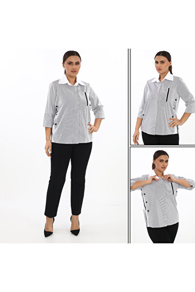 KİFAYET 17019 Tek Cepli 3/4 Kol Çizgili Viskon Gömlek (C103)