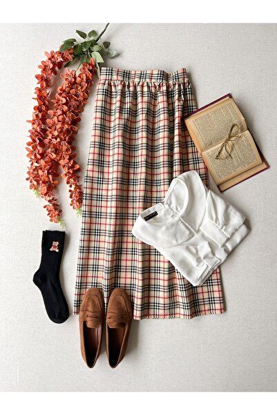 KÜÇÜĞÜM BUTİK Κρεμ καρό μαζεμένη μέση μακριά φούστα