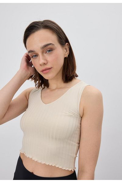 TUBİA Γυναικεία Κρεμ Χρώμα V-Neck Crop Μπλούζα