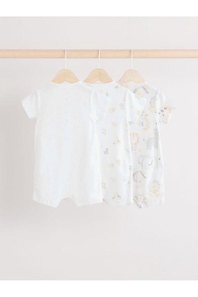 Next Baby 100% Cotton White Animal Patterned 3 Piece Romper Set