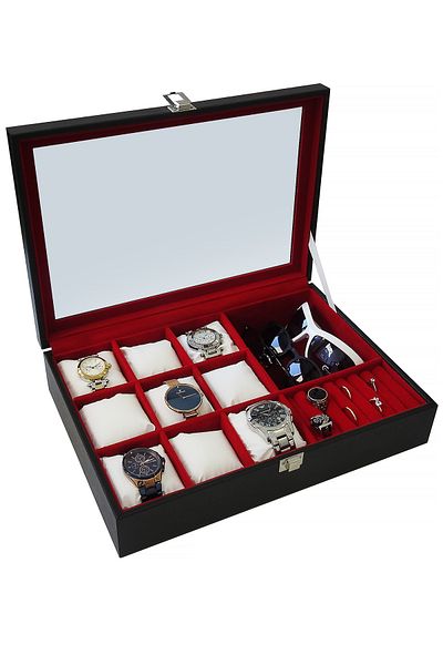 Chavin 9-Piece Wooden Leather Glass Watch Glasses and Jewelry Box St9-25