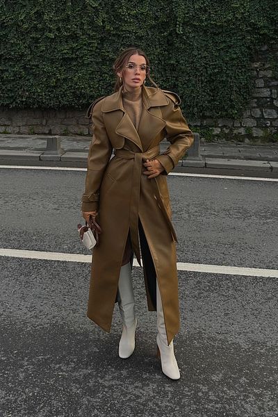 XHAN Brown Padded Leather Maxi Coat 5Kxk4-49069-18