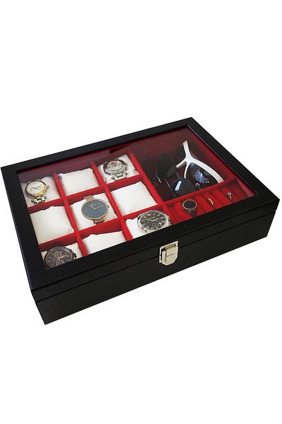 Chavin 9-Piece Wooden Leather Glass Watch Glasses and Jewelry Box St9-25