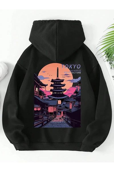 LAND MODA Unisex Black Hooded Japanese Architectural Print Sweatshirt