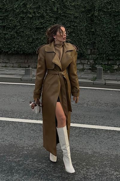 XHAN Brown Padded Leather Maxi Coat 5Kxk4-49069-18