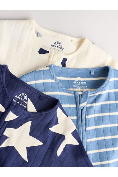 Next Baby 100% Cotton Shiny Navy Blue Star Patterned 3-Piece Jumpsuit Set