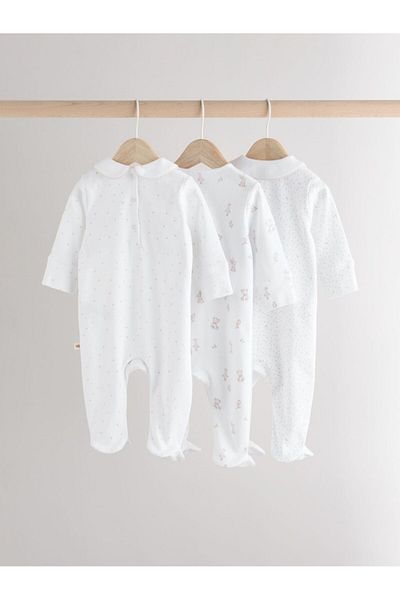 Next Baby 100% Cotton White Animal Embroidery Print 3-Piece Jumpsuit Set