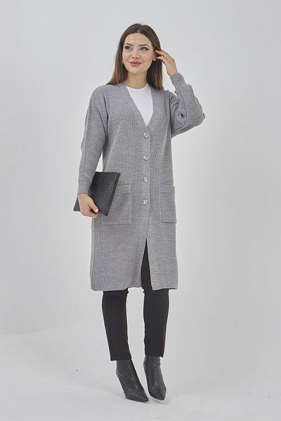 Elçelya Moda Women's Seasonal Long Knitwear Buttoned Stretchy Cardigan with Pockets