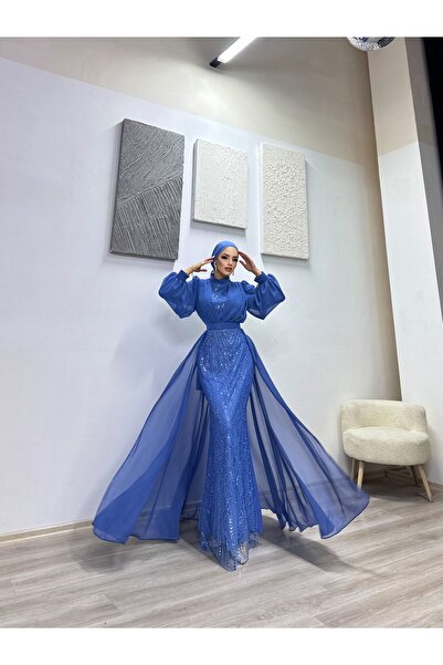 MERVEPLUME İşlemeli Tül Pelerin Detaylı Dar Kesim Kadın Abiye Tesettür Elbise