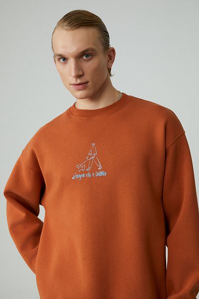 GRIMELANGE Minty Men's Round Neck 3 Thread Orange Sweatshirt