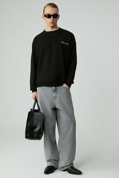 GRIMELANGE Lazyness Men's Round Neck 3 Thread Black Sweatshirt