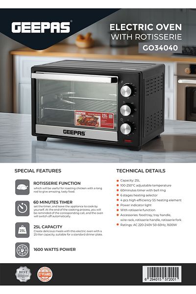 Geepas 25L Electric Oven with Rotisserie Function 60 Minutes Timer, and 6 Stages Heating Selector