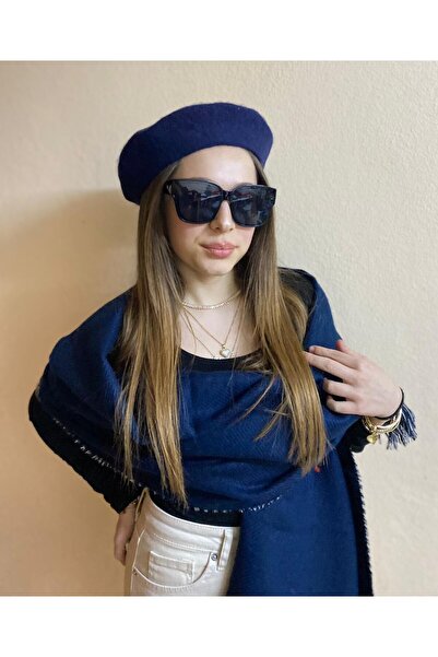 sema aksesuar Double-Sided Navy Blue Shawl and Wool Painter Set - Valentine's Day Gift