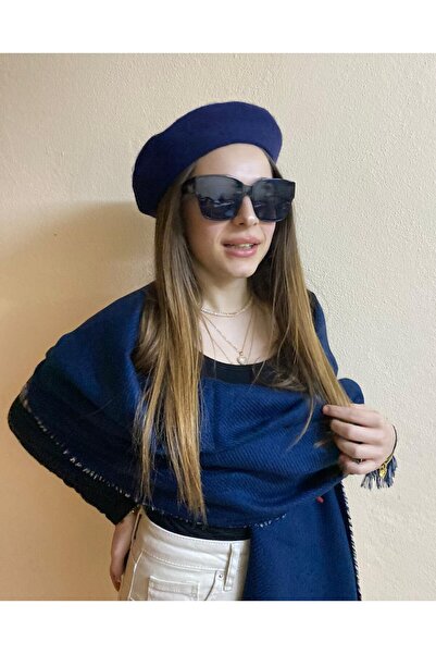 sema aksesuar Double-Sided Navy Blue Shawl and Wool Painter Set - Valentine's Day Gift