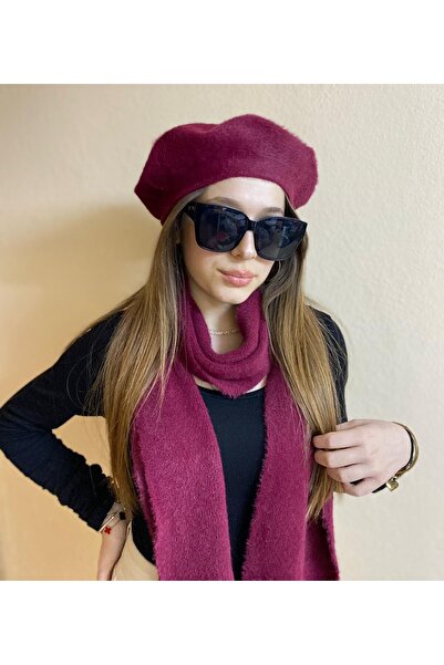 sema aksesuar Burgundy Scarf and French Painter Beret Set - Valentine's Day Gift