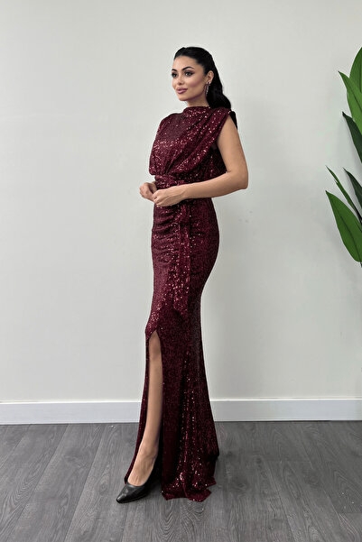giyimmasalı Sequin Fabric Drawstring Detailed Evening Dress - Bordo