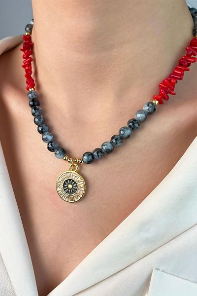 Sose Moda Zodiac Medallion End Coral Natural Stone Bead Necklace - Gray