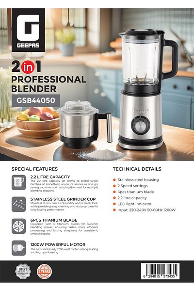 Geepas 2-in-1 Professional Blender,2.2 Liter Transparent Jar and Stainless Steel Grinder Attachment