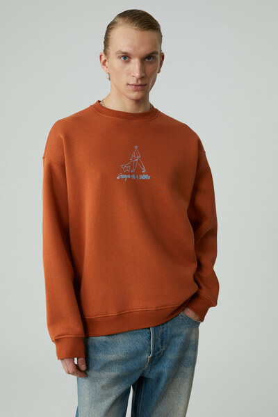 GRIMELANGE Minty Men's Round Neck 3 Thread Orange Sweatshirt
