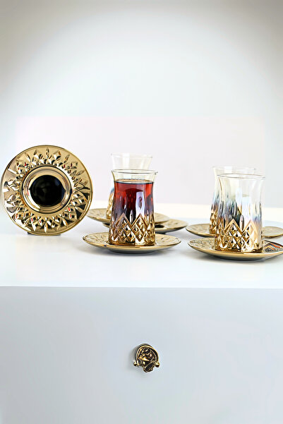 PLT Design 6 Kişilik 12 Parça Titanyum Gold Kaplama Çay Bardağı Seti Çay Takı...