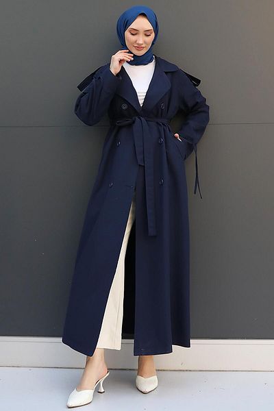 GİZ AGİYİM Navy Blue Trench - Μανίκι με λεπτομέρεια από σχοινί