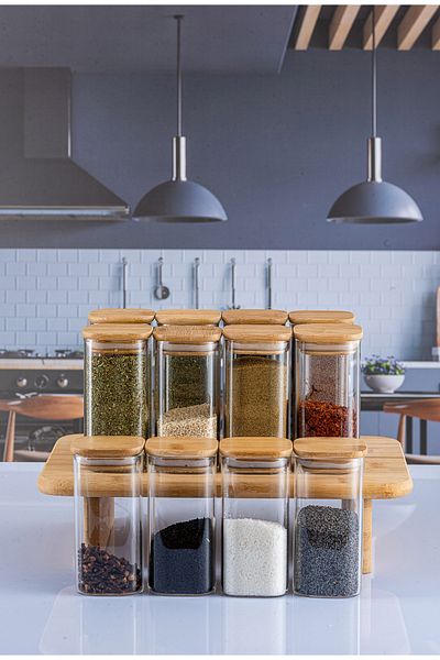 Lizzy 12 Pcs 300 ml Square Bamboo Lid Glass Jar Luxury Series