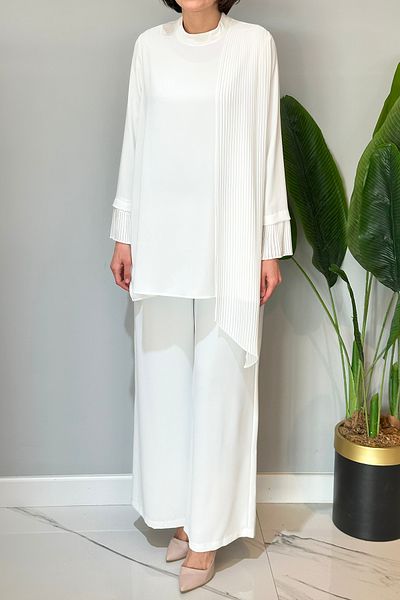 Nuss Tulle Pleated Detailed Trousers Suit 1013 Ecru