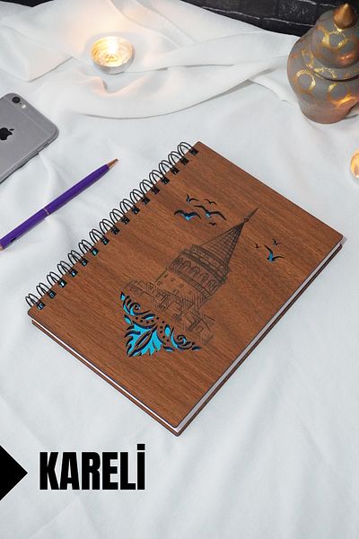 markcat Galata Tower Themed - Checkered Notebook with Wooden Cover (A5 - 120 Sheets)