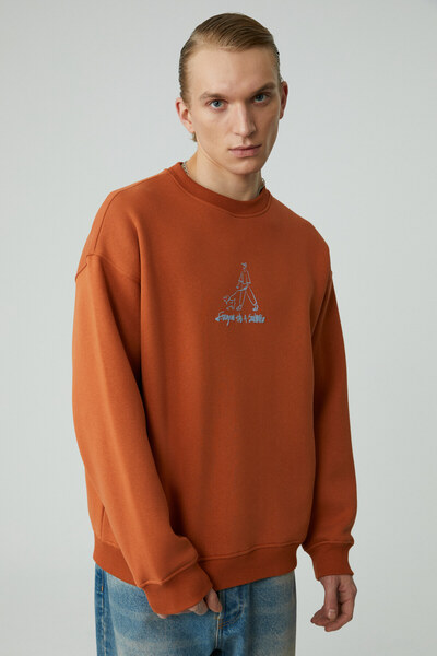 GRIMELANGE Minty Men's Round Neck 3 Thread Orange Sweatshirt