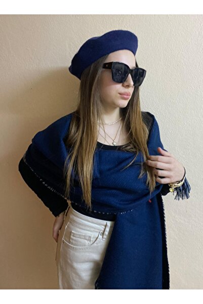 sema aksesuar Double-Sided Navy Blue Shawl and Wool Painter Set - Valentine's Day Gift