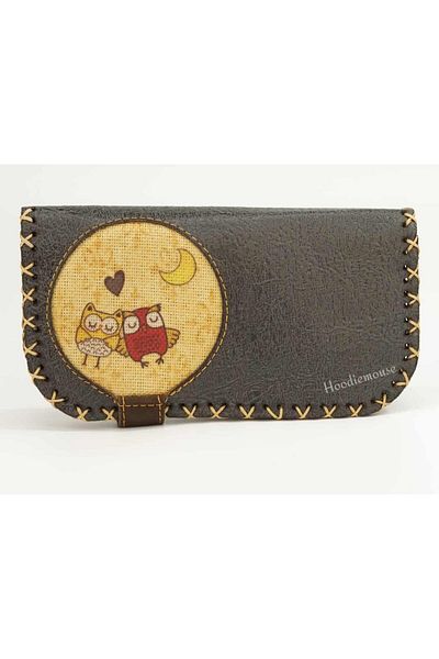 HOODİEMOUSE Large Wallet with Owl Figure Ethnic Bohemian Retro Vintage Style - Anthracite