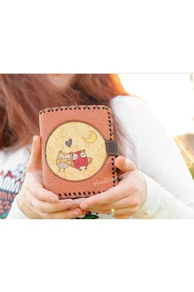 HOODİEMOUSE Owl Figured Small Wallet Ethnic Bohemian Retro Style - Tan