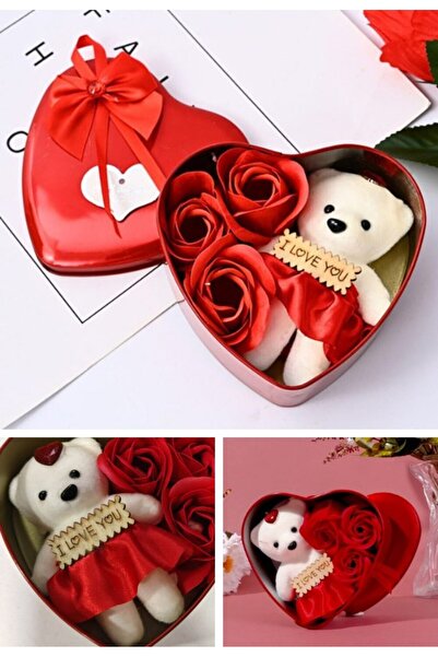 Deco Elit Metal Kalp Kutuda Sevgiliye Hediye Mini Ayıcık ve 3 Yapay Gül Hediye Kutusu